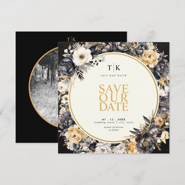 Save The Date Carré Noir et Blanc avec Date de Sauvegarde Humeur (Devant / Derrière)