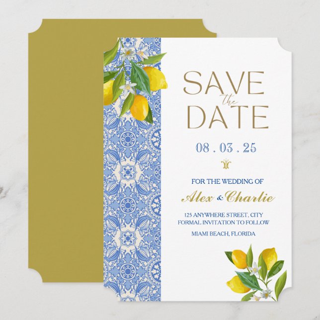Save The Date Carreaux "Save the Date" et citrons Méditerranée (Devant / Derrière)