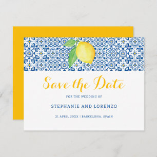 Save The Date Carrelage bleu méditerranéen Aquarelle Citron Mari