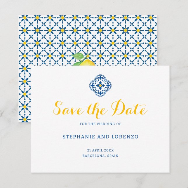 Save The Date Carrelage méditerranéen Aquarelle Mariage citron (Devant / Derrière)