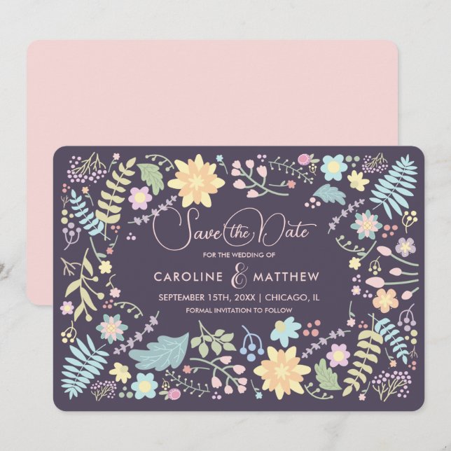 Save the date. Carte de Mariage rose violet (Devant / Derrière)