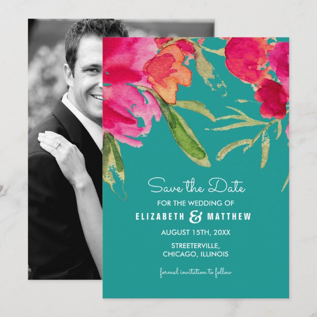 Save the date. Cartes florales Fuchsia Turquoise (Devant / Derrière)
