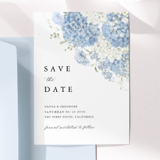 Save The Date Carton d'invitation Fleurs blanches sur fond bleu