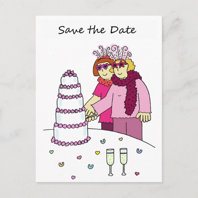 Save the Date Cartoon Female Couple Announcement Postcard (Front)