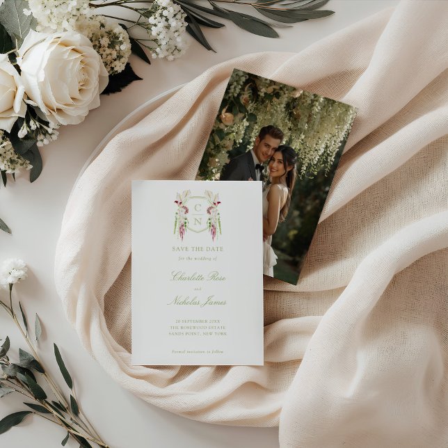 Save The Date Cascading Floral Monogram Crest Wedding (Créateur téléchargé)