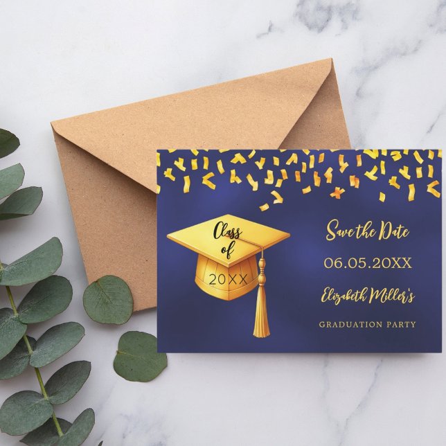 Save The Date Casquette d'or bleu marine confetti Graduation Par (Créateur téléchargé)