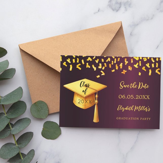 Save The Date Casquette d'or de Bourgogne confetti Graduation Pa (Créateur téléchargé)