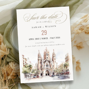 Save The Date Cathédrale de Barcelone Espagne Mariage d'aquarell