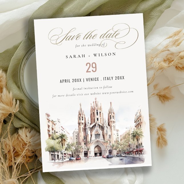 Save The Date Cathédrale de Barcelone Espagne Mariage d'aquarell (Créateur téléchargé)