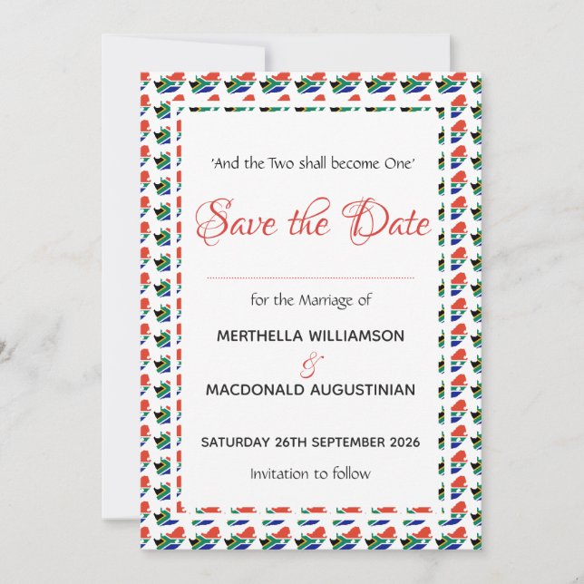 SAVE THE DATE CÉLÉBRATION DE MARIAGE PATRIOTIQUE EN AFRIQUE DU S (Devant)