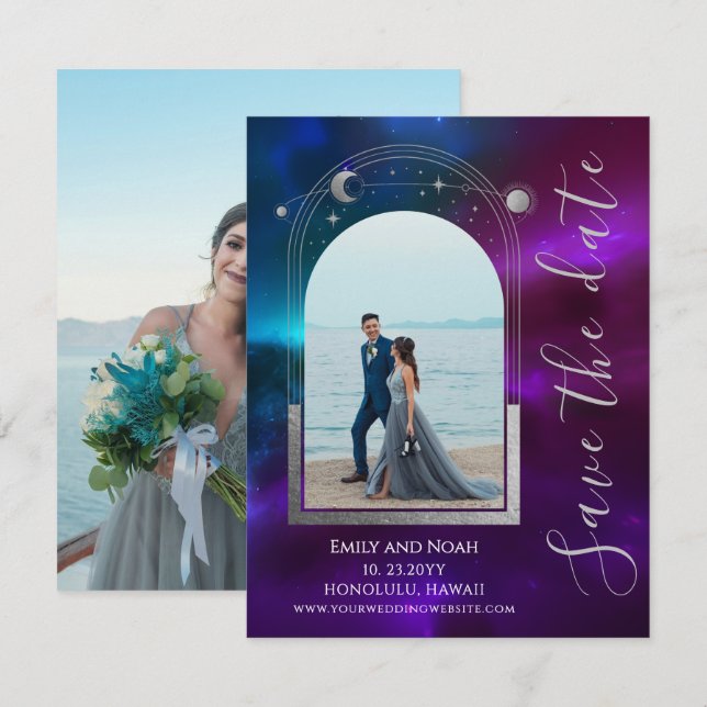 Save The Date Céleste violet Turquoise Sun Moon étoiles Mariage (Devant / Derrière)
