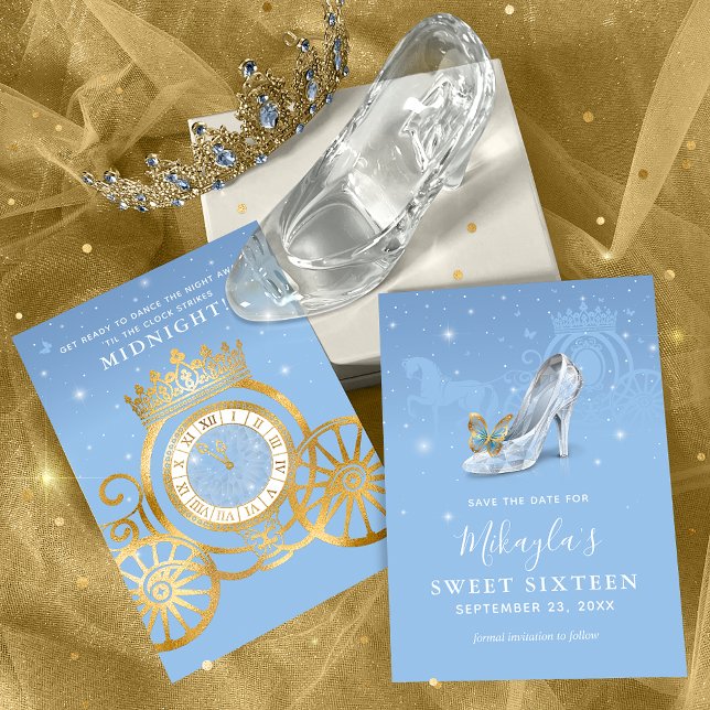 Save The Date Cendrillon Chaussure Bébé Bleu Or Douce 16e Annive (Créateur téléchargé)