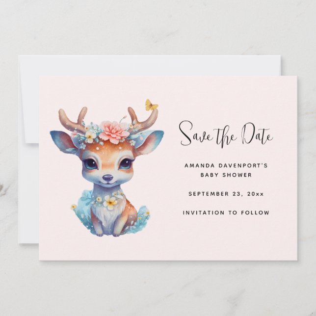 Save The Date Cerf de Bébé mignon avec Antlers et Fleurs (Devant)