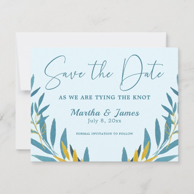 Save The Date Cerulean Blue Feuilles Mariage Enregistrer La Cart (Devant)