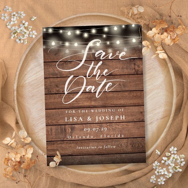Save The Date Chaîne de bois rustique illumine mariage Enregistr (Rustic Wood String Lights Wedding Save the Date)