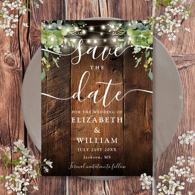 Save The Date Chaîne éclaire Bois rustique Mariage (String Lights Rustic Wood Greenery Wedding Save The Date)