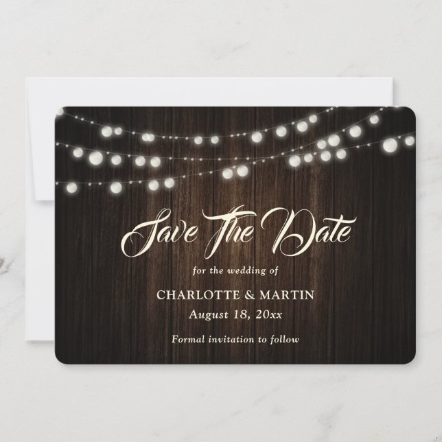 Save The Date Chaîne Lights Rustic Wood Burlap Hearts Mariage (Devant)