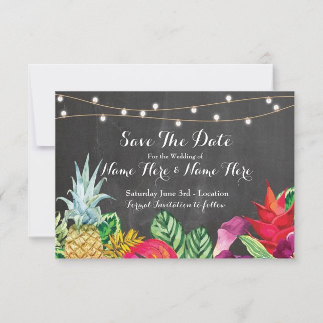 Save The Date Chalk Rustic Aloha Tropical Lights (Front)
