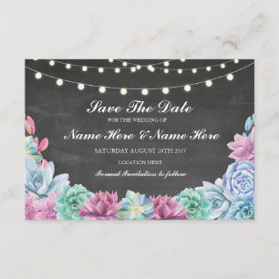 Save The Date Chalk Rustic Succulents Lights Card