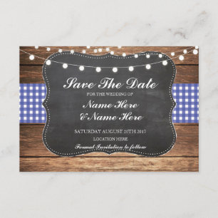 Save The Date Chalk Wood Rustic Blue Check Card