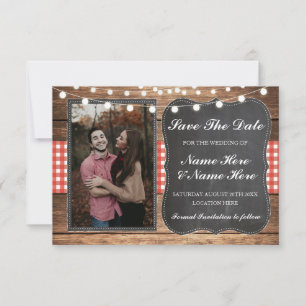 Save The Date Chalk Wood Rustic Red Check Photo