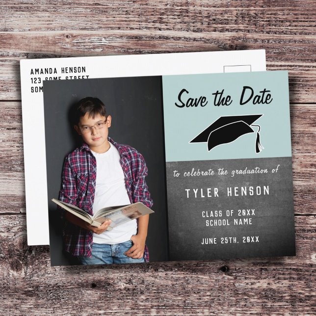 Save the Date Chalkboard Boy`s Photo Graduation   Announcement Postcard (Creator Uploaded)