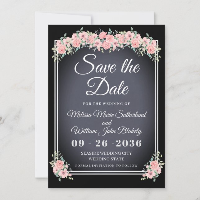 Save The Date Chalkboard Floral Mariage noir (Devant)
