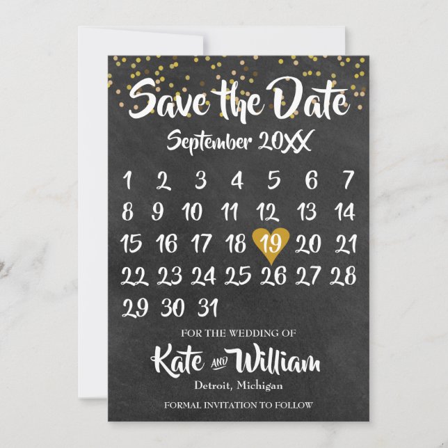 Save The Date Chalkboard Gold Love Heart Calendar Enregistrer la (Devant)