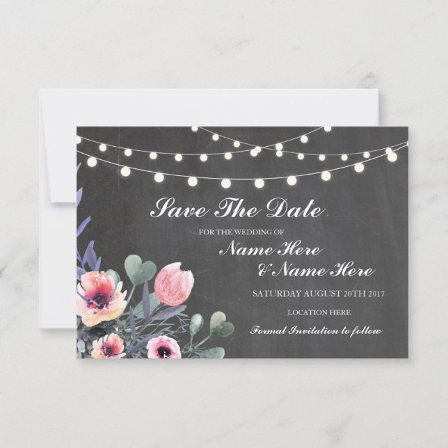 Save The Date Chalkboard Rustic Floral Lights Card (Front)