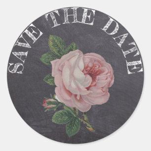 Save The Date Chalkboard Style Vintage Rose Classic Round Sticker
