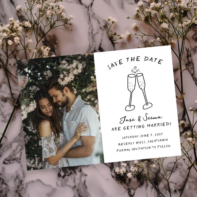 Save The Date Champagne Cheers Main Drake Photo personnalisée (Champagne Cheers Hand Drawn Custom PHOTO Save The Date Card 
)