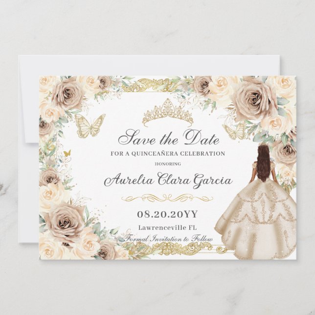 Save The Date Champagne Crème Sweet sixteen Floral QUINCEAÑERA (Devant)