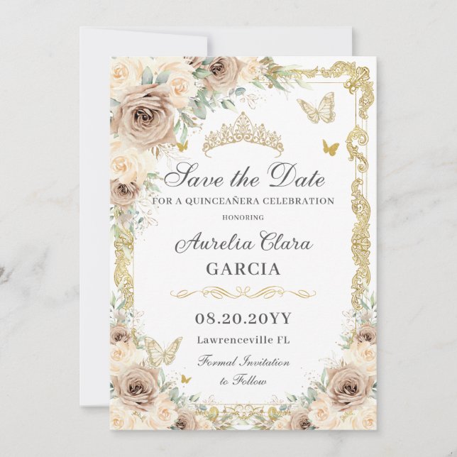 Save The Date Champagne Crème Sweet sixteen Floral QUINCEAÑERA (Devant)