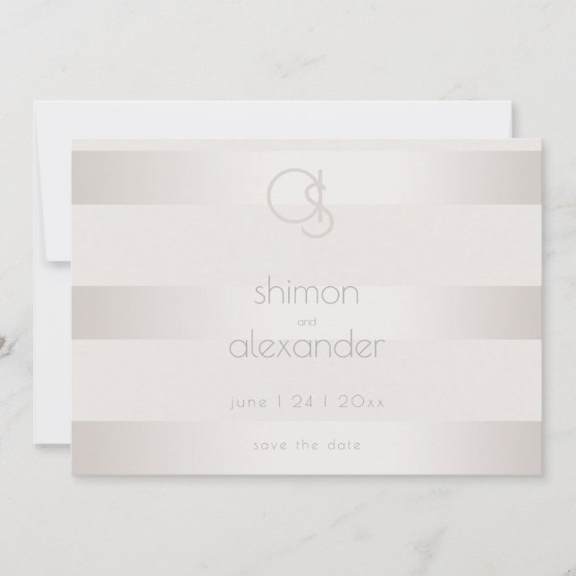 Save the Date | Champagne Shimmer Stripe Monogram (Front)