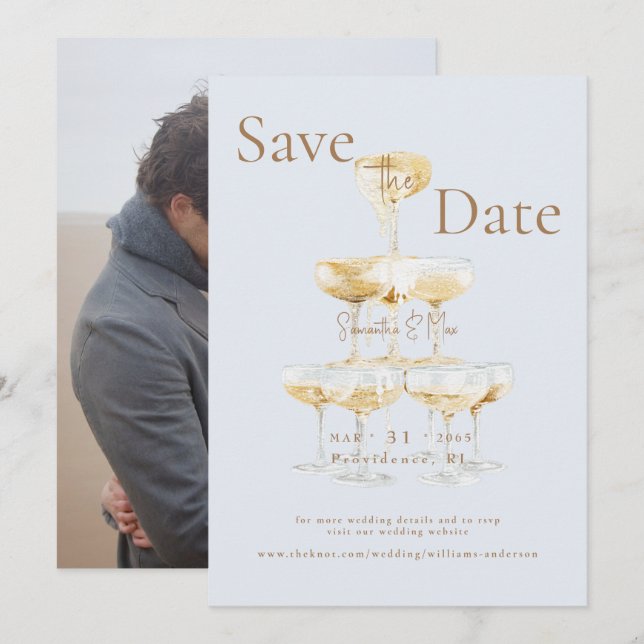 Save The Date Champagne Tower Icy Blue Photo Enregistrer la date (Devant / Derrière)