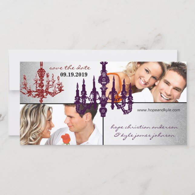 Save The Date Chandelier Argent Damask Rouge & Plum Enregistrer  (Devant)