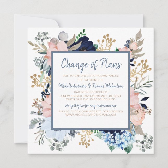 Save The Date Changement de plans Mariage floral bleu poussiéreu (Devant)