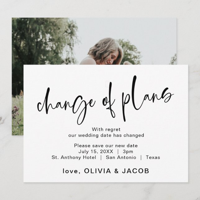 Save The Date Changement de plans | Moderne noir et blanc (Devant / Derrière)