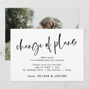 Save The Date Changement de plans   Moderne noir et blanc