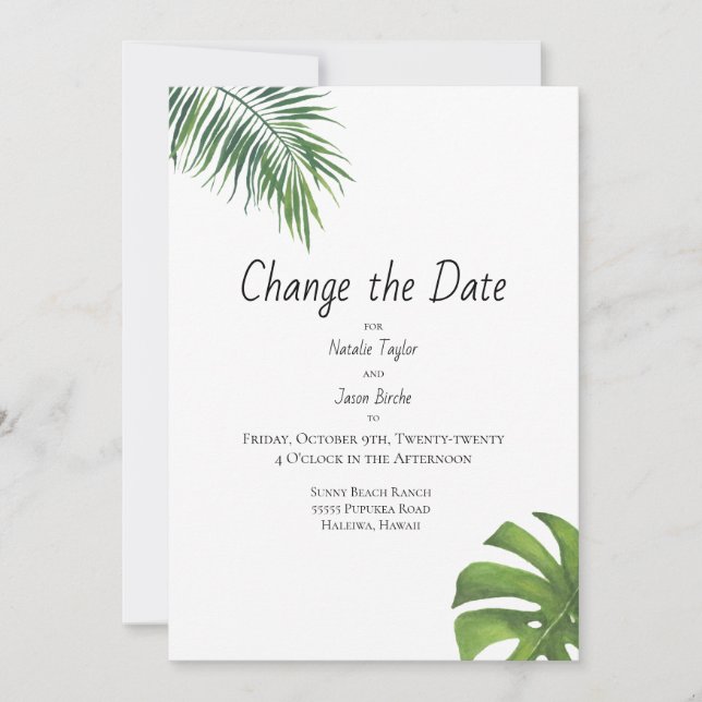 Save The Date Changer la date Aquarelle feuille tropicale (Devant)