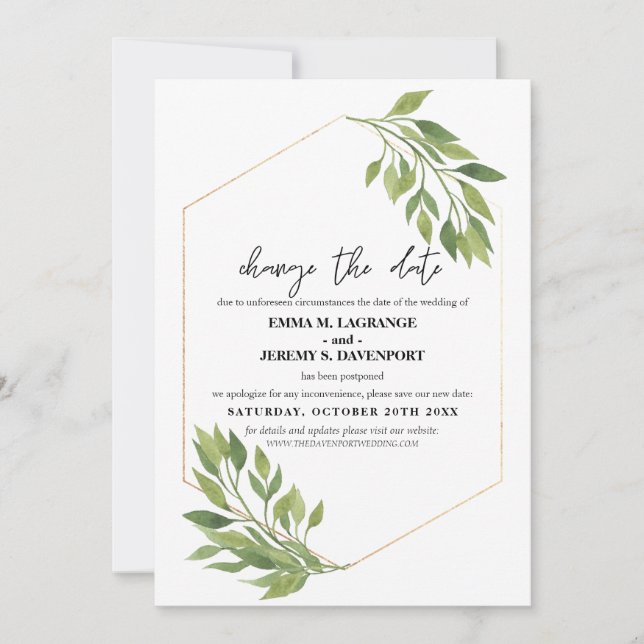 Save The Date Changer la date mariage Verdure et cadre doré (Devant)