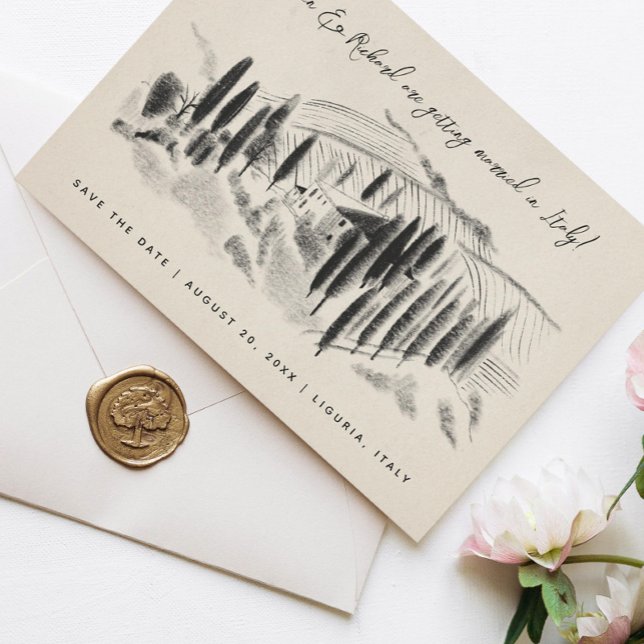 Save The Date Charcoal Sketched Italien Winery Enregistrer la da (Créateur téléchargé)