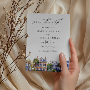 Save The Date Charleston SC Rainbow Row Watercolor Mariage