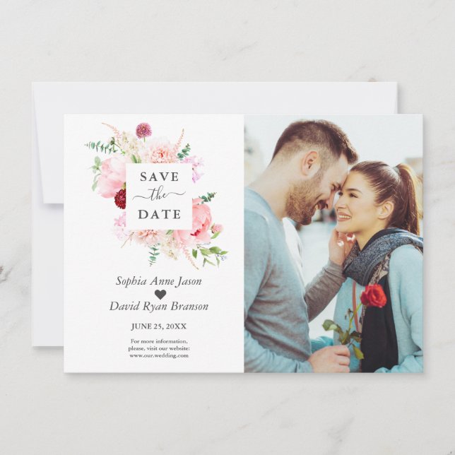 Save The Date Charm Aquarelle rose Fleurs rouges Mariage photo (Devant)