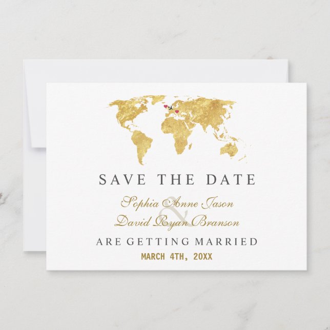 Save The Date Charm Destination Gold World Map Wedding (Devant)