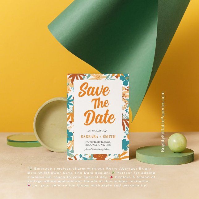 Save The Date Charm Retro Abstrait brillant Gras Fleur sauvage (Unveil the perfect blend of vintage charm and bold florals with our captivating Save The Date card.)