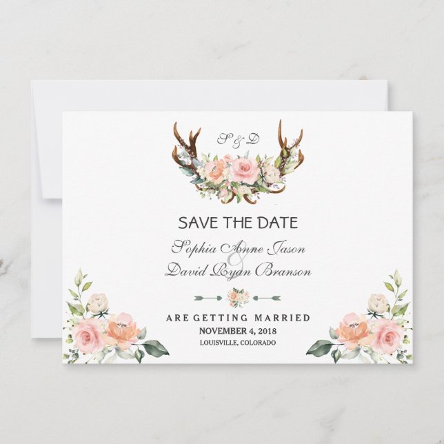 Save The Date Charm Rose Blush Floral Antlers Enregistrer La Dat (Devant)
