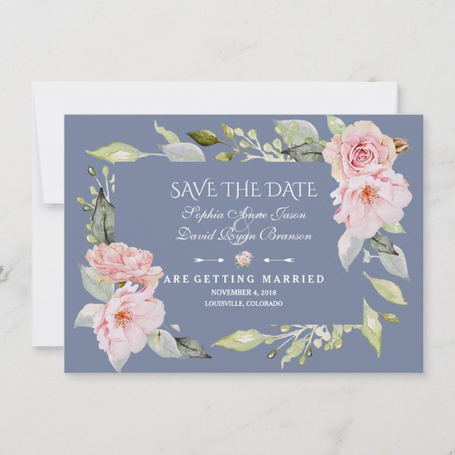 Save The Date Charm Rose Blush Floral Dusty Blue Enregistrer La  (Devant)