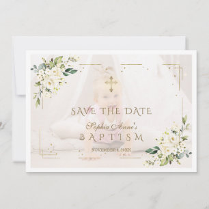 Save The Date Charmante Fleurs Blanches Photo Girl Baptism