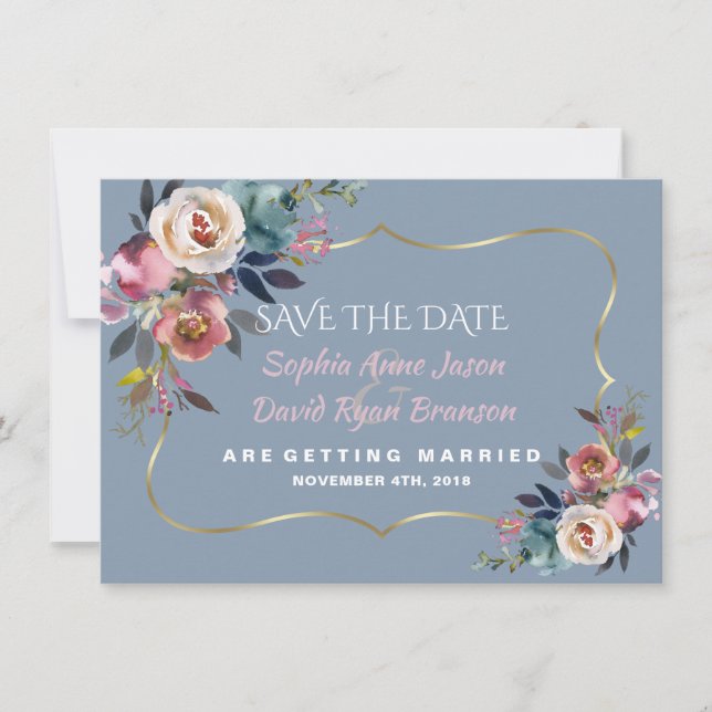 Save The Date Charme Bleu Poussiéreux Rose Brumeux Mariage Or (Devant)